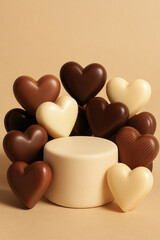 Chocolate hearts arranged around beige podium with blank copy space for product advertising, Valentine's Day confectionery and love gift concept