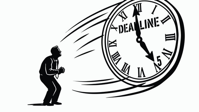 Man facing a giant clock with the word Deadline on it.