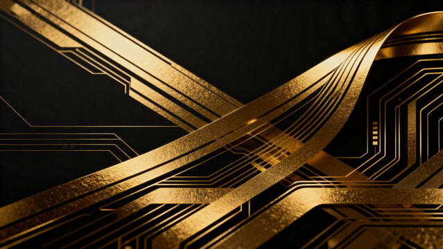 Golden circuit patterns on black background