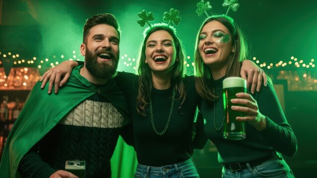 Young people celebrating st patricks day with green beer, shamrock headbands, and laughter in a bar at night