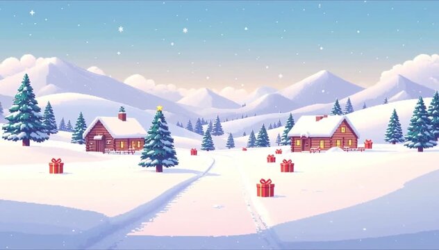 Pixel Art Christmas Winter Landscape with Snowing Village and Presents (AI Generated)