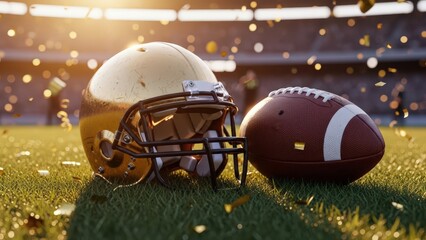 Golden american football helmet and ball on green stadium field with confetti falling at sunset