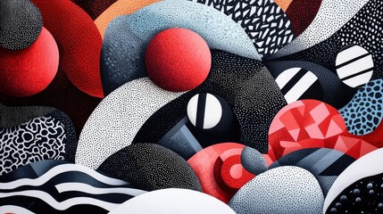 An abstract composition featuring various geometric shapes in a range of colors and textures, creating a visually dynamic and artistic design.