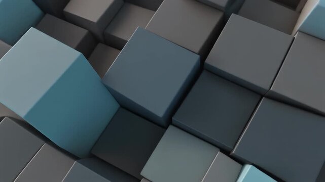Abstract background of geometric cube pattern, 3D digital square texture, blue light technology block design, futuristic black metal tile backdrop illustration