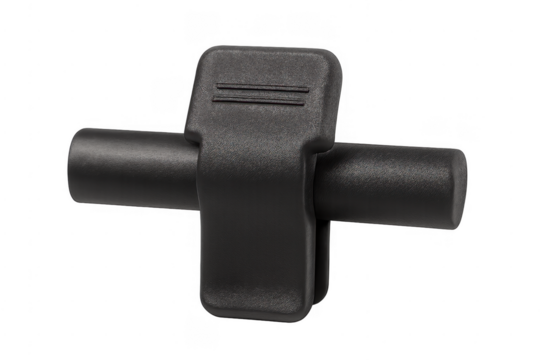 Black plastic clip clamping cylindrical bar