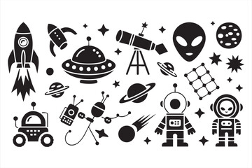 Sci-fi space icons including aliens, rockets, planets, and cosmic elements