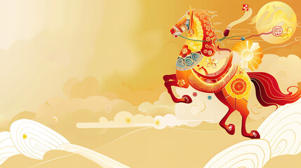Obraz premium Silk Road Horse CNY Poster Background: Weaving Traditional Auspiciousness with Ancient Trade Route Charm for Chinese New Year Celebrations