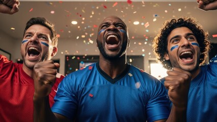 Three excited men with face paint cheer loudly, celebrating a sports victory indoors with falling confetti