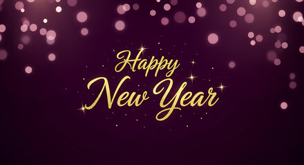 Elegant golden happy new year text with sparkling bokeh lights