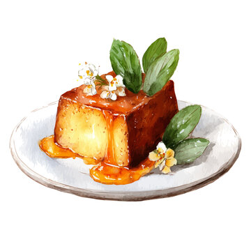 Malva Pudding, watercolor painting vector, isolated on a white background.