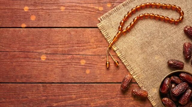 Traditional Ramadan still life with dates and prayer beads on a rustic wooden background.