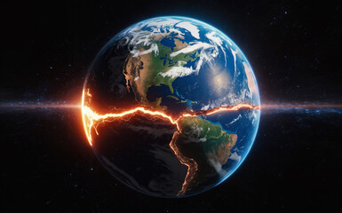 Fototapeta premium Planet Earth Splitting Apart with Glowing Fiery Crack from Space