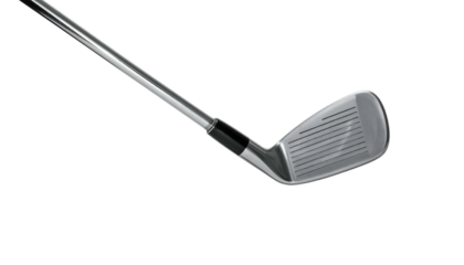 Close up of a silver golf iron on a black background