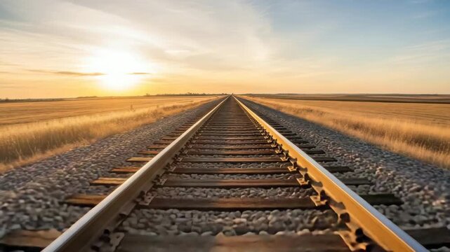 Endless Open Road: Train Tracks Disappearing into the Horizon of a Flat, Golden Prairie Landscape at Sunset, Journey and Freedom