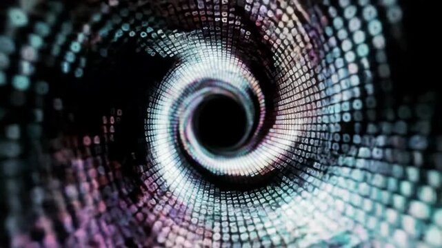 Digital binary code tunnel with spiral effect on black background for tech or data concepts