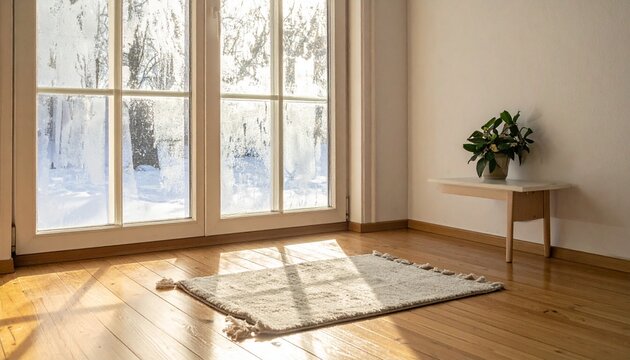 ミニマルな部屋の一角に柔らかい灯りが落ち、木の床とシンプルなラグに静かな輝きを与えます。
背景には霜を帯びた窓ガラスが淡く結露し、冬特有の静けさと温もりが同居します。 - Powered by Adobe