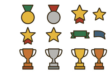 Set of achievement symbols featuring first place medals, winning stars, ribbons, and championship trophies
