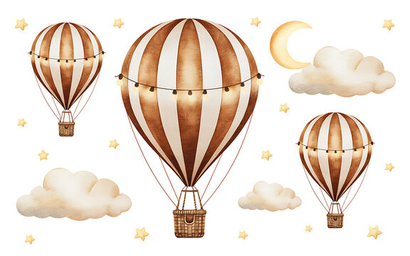 Whimsical hot air balloons floating among clouds and a crescent moon - Powered by Adobe