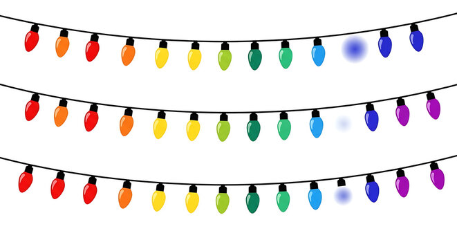 Colorful string lights in rainbow pattern on white background