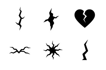 Obraz premium Set of abstract wall crack shapes and a fractured heart symbol representing damage and failure