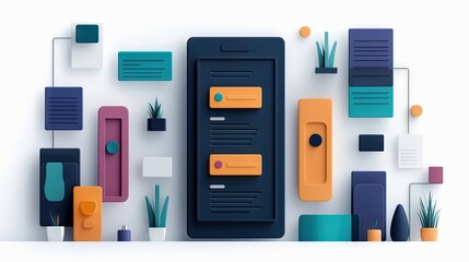 An abstract illustration featuring a mobile phone interface surrounded by colorful, floating 3D elements, suggesting a modern and innovative design.