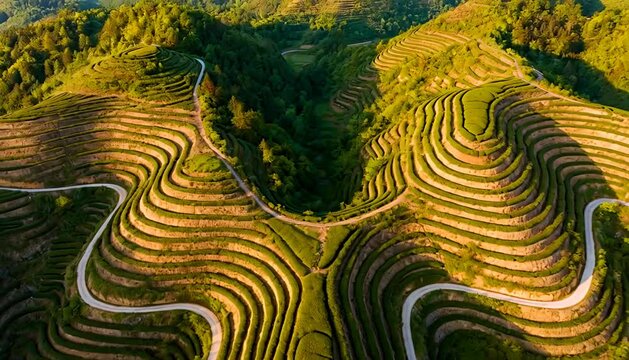 Captivating aerial view of lush green tea terraces winding through rolling hills, golden hour light.