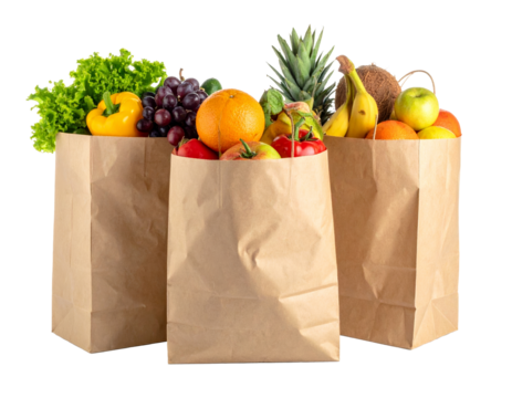 Paper bag with groceries isolated on a transparent background.
