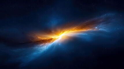 An abstract depiction of a nebula formation in space, with vibrant orange and blue colors and a bright light source.