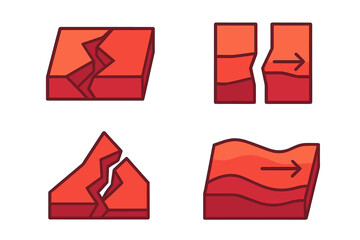 Geological faults and tectonic plate movements diagrams showing normal, reverse, and strike-slip types