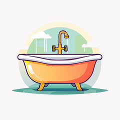 Orange Bathtub With Golden Faucet And White Clouds In A Green Blue And Yellow Background