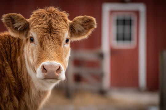 A Young Cow Stands in Front of A Rustic Red Barn Door on A Farm