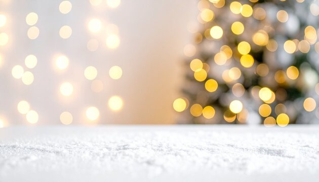 Warm and inviting festive backdrop with soft-focus golden lights, beautifully complementing a flat display of white fake snow for a cozy holiday atmosphere