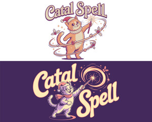 Cute cartoon cat casting a magical spell with stars and swirls christmas