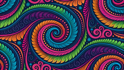 Psychedelic swirl pattern, vibrant neon colors, seamless