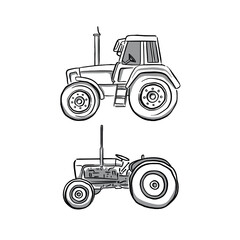 Two tractor illustrations, hand drawn in black and grey.