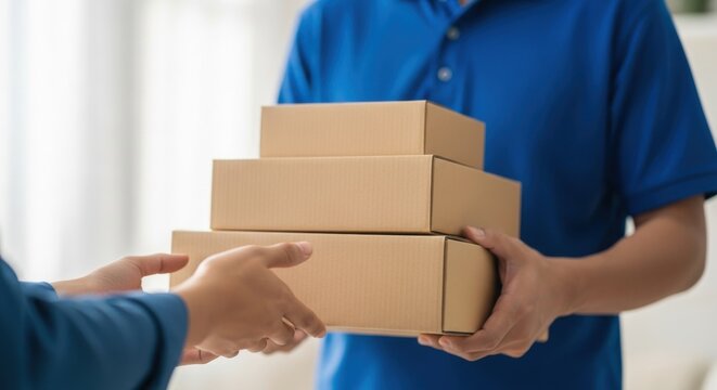 Delivery person handing over stacked cardboard boxes