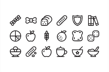 Bakery and fruit line symbols for cafe branding, nutrition visuals, and UI design