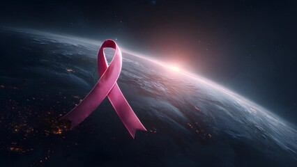 Pink ribbon earth global breast cancer awareness. Global effort pink ribbon over a view of the Earth from space. Pink october world cancer day early detection and support.