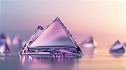 Close-up of several glass pyramids on a reflective surface, with a soft, gradient background and diffused lighting.