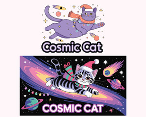 Cute cartoon cat in space with planets stars and comet wearing a santa hat