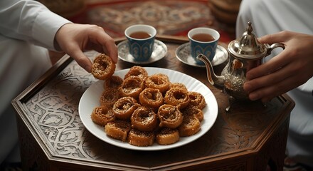 Traditional chebakia shared with warm tea captured in a soft Middle Eastern dessert atmosphere