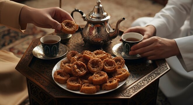 Sweet chebakia shared with warm tea presented in a gentle Middle Eastern dessert atmosphere