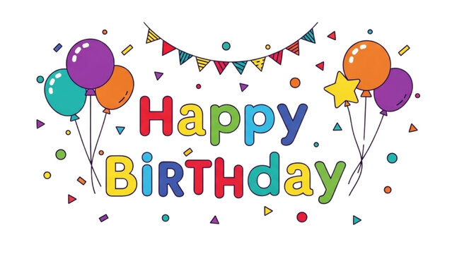 Vibrant and festive Happy Birthday celebration design with colorful balloons, confetti, and banner decorations