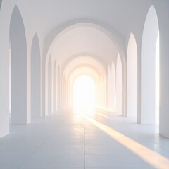 Fototapeta premium 発光する白い石で構成されたミニマルな建築空間に、大きなアーチと柔らかな影が広がります。 拡散した光が漂い、霧の気配と金の反射がオーケストラの重なりのような深みを演出します。