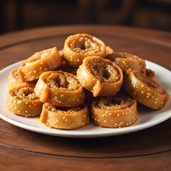 Chebakia arranged on a bright white plate creating a warm and sweet dessert atmosphere