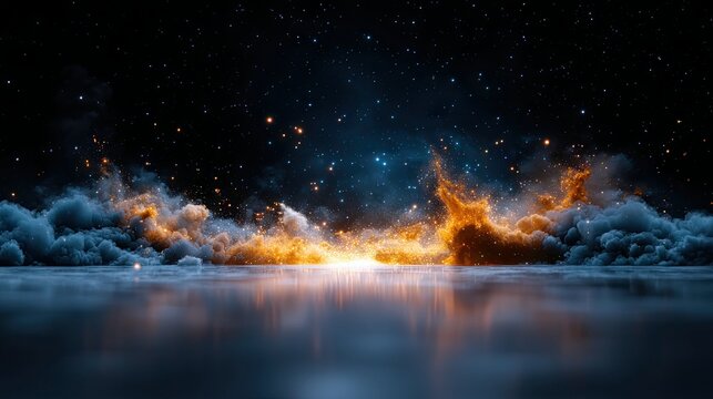 An abstract, artistic depiction of a space scene featuring a nebula, stars, and a reflective surface, with dramatic lighting creating a sense of wonder and myst