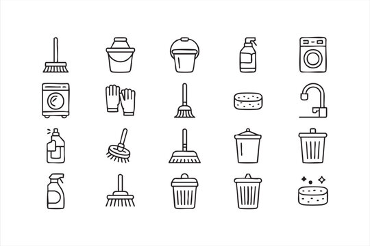 Cleaning supplies icon set for home-care apps, chore planners, and housekeeping tools