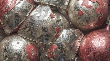 Macro shot of broken vintage Christmas baubles with peeling red and silver paint. Grunge texture of smashed glass ornaments for holiday backgrounds or nostalgic concepts.