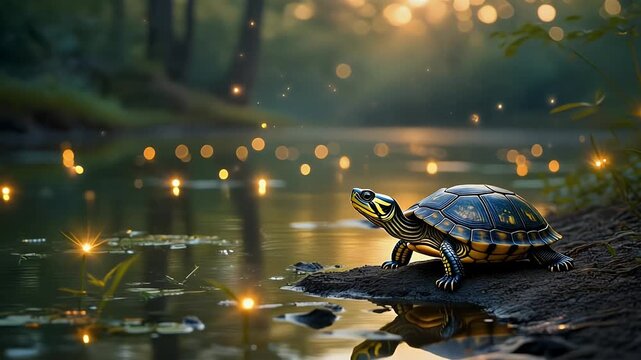 Turtle by Pond Nature Wildlife Serenity Golden Hour.