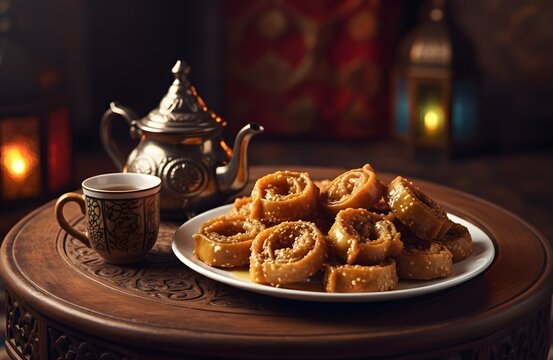 Chebakia is presented neatly on clean white plate within soft middle eastern dessert atmosphere